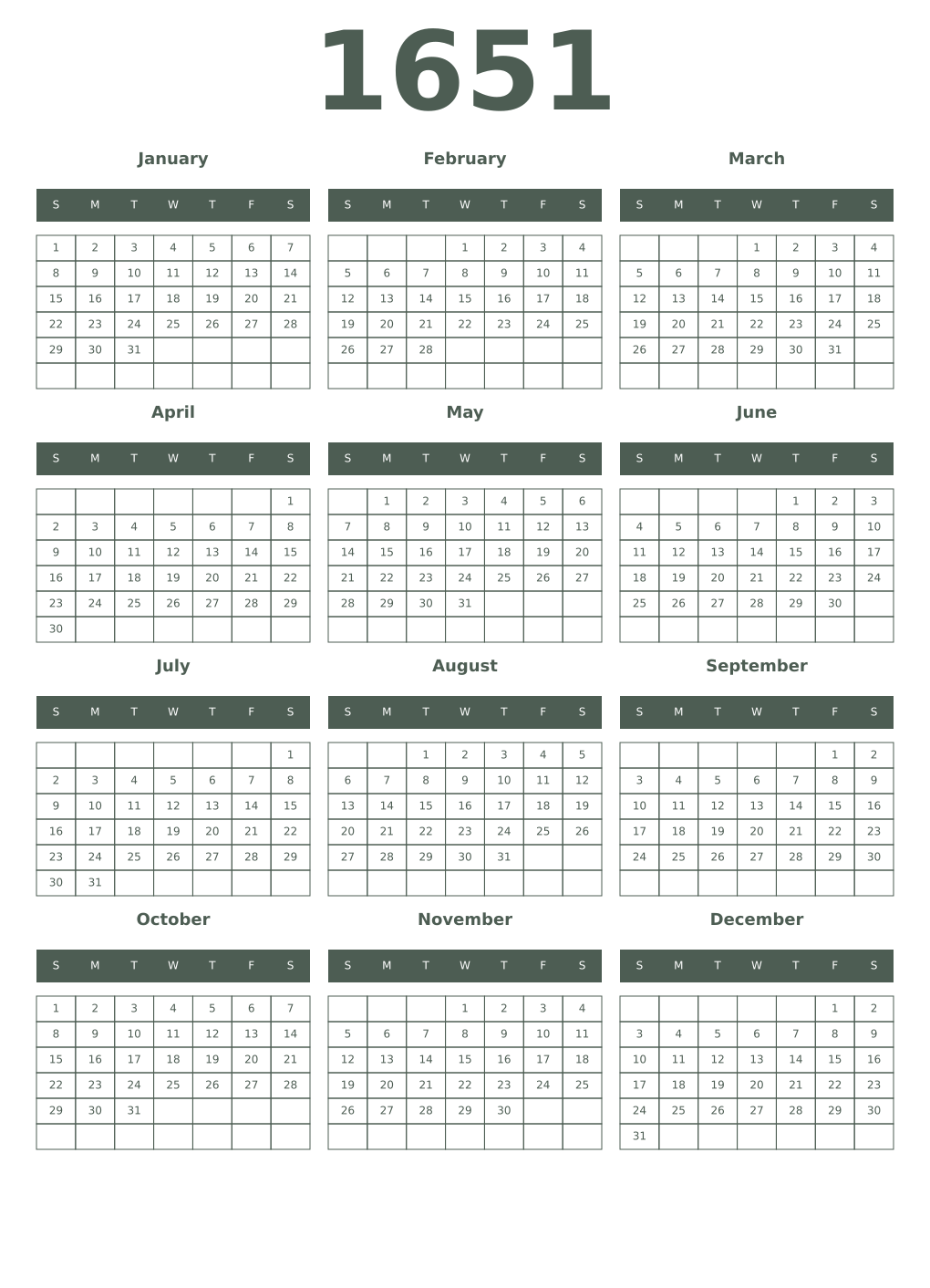Printable 1651 Year Calendars feldgrau