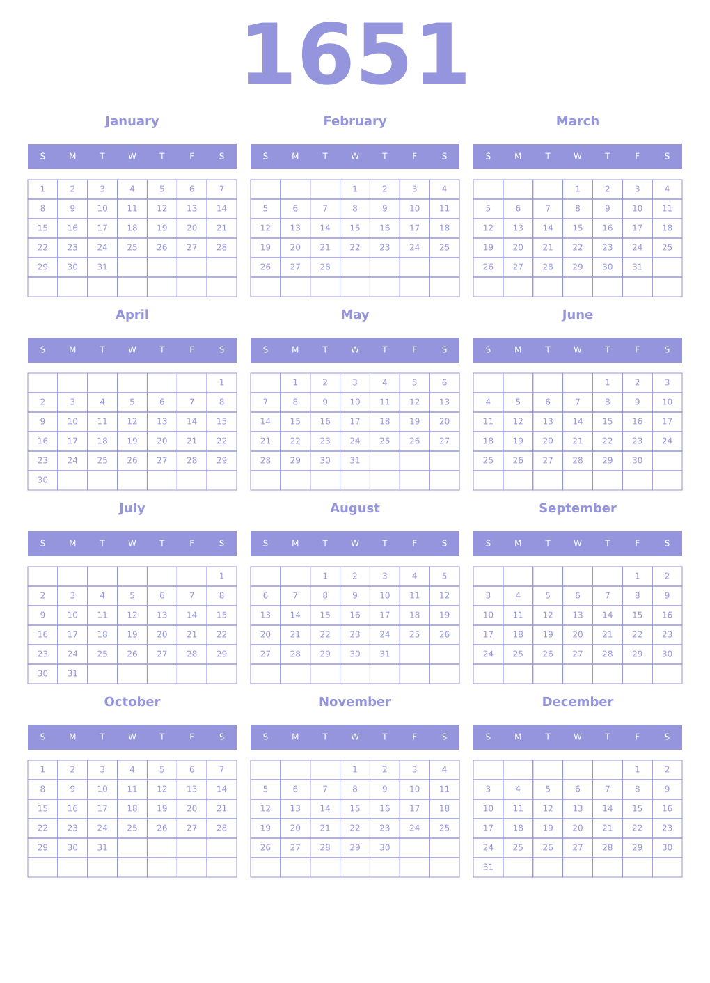 Printable 1651 Year Calendars periwinkle