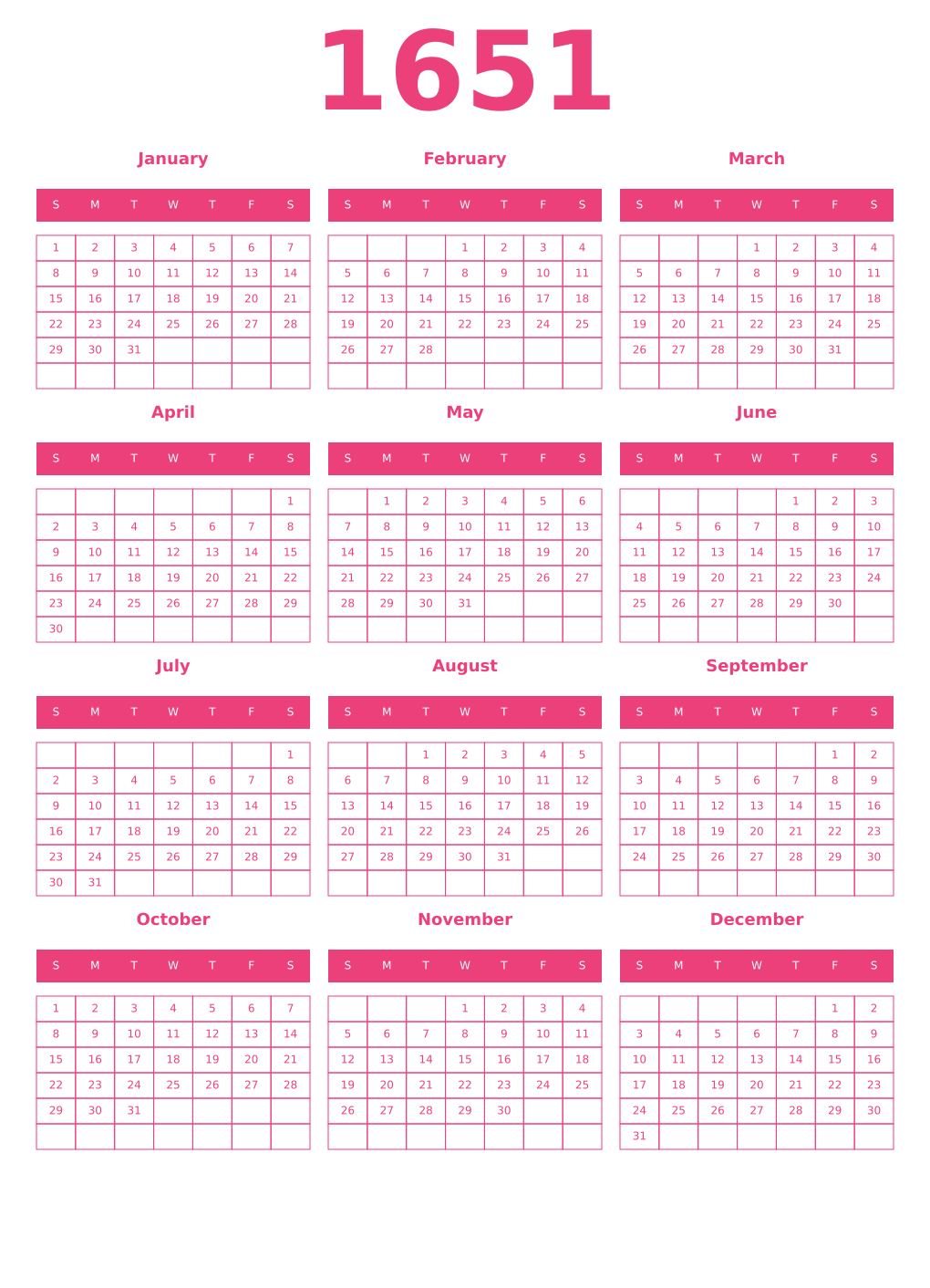 Printable 1651 Year Calendars pink