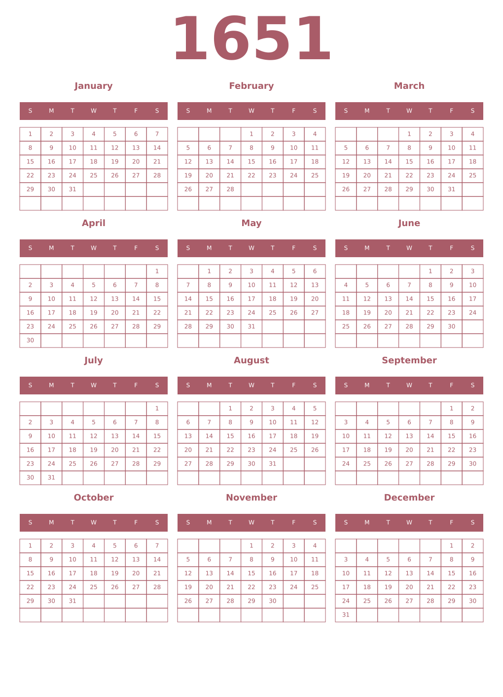 Printable 1651 Year Calendars puce
