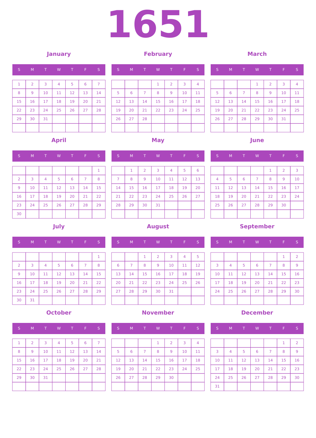 Printable 1651 Year Calendars purple