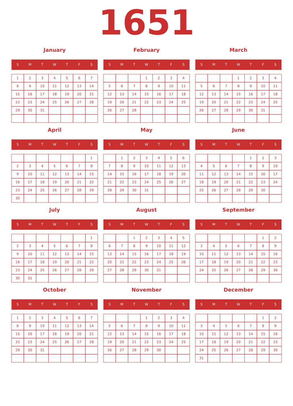 Printable 1651 Year Calendars red