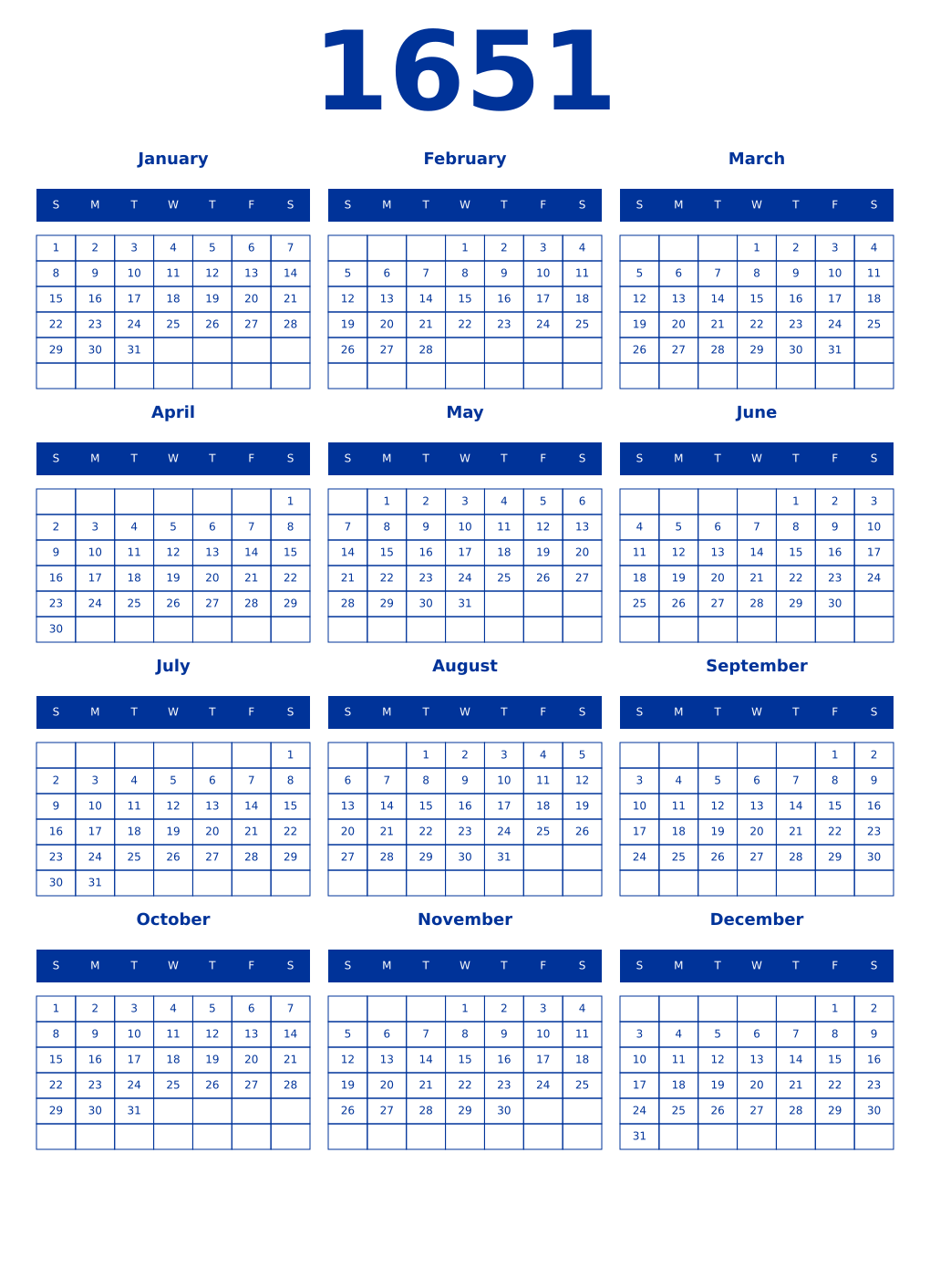 Printable 1651 Year Calendars smalt