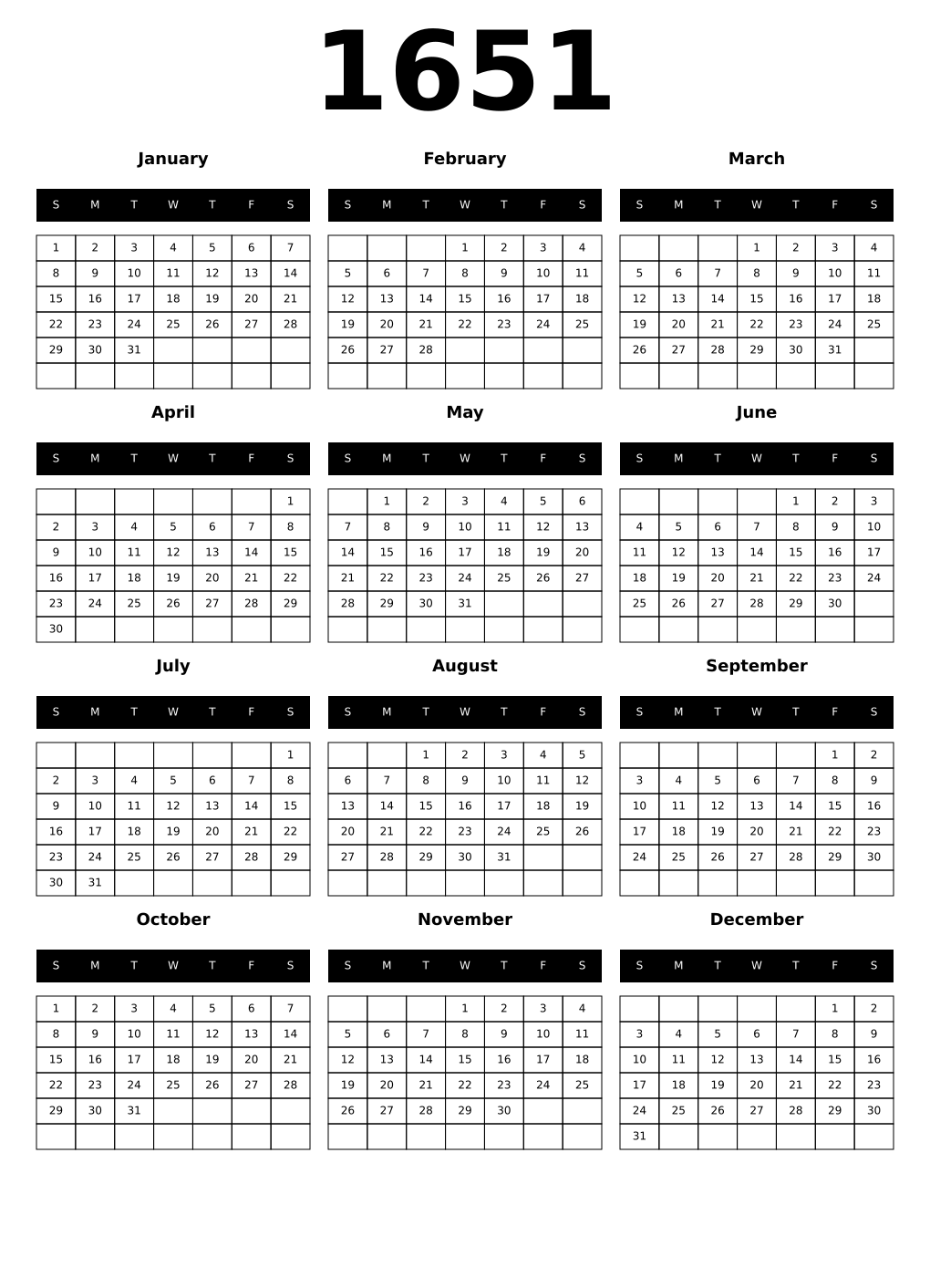 Printable 1651 Calendars