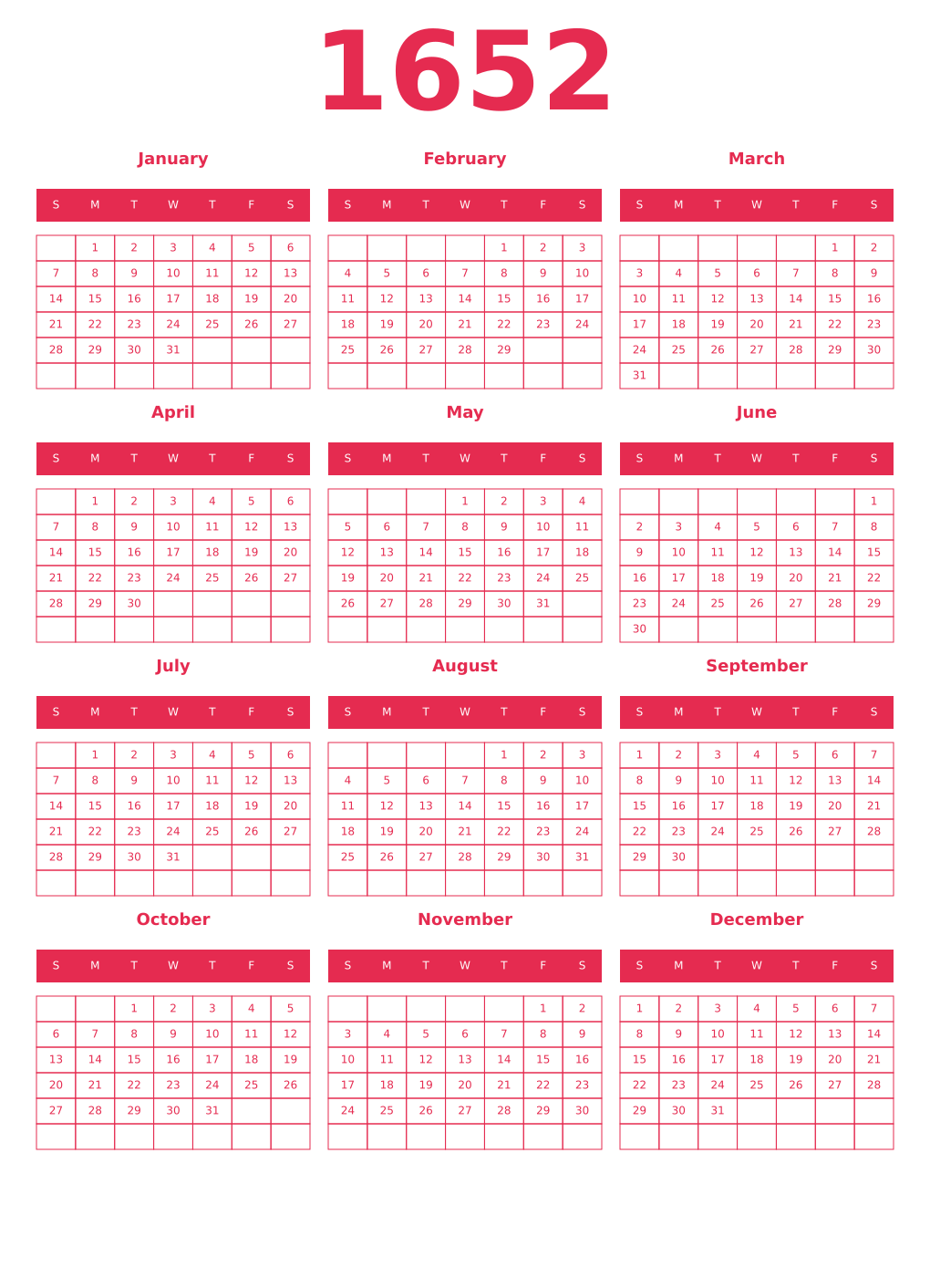 Printable 1652 Year Calendars amaranth