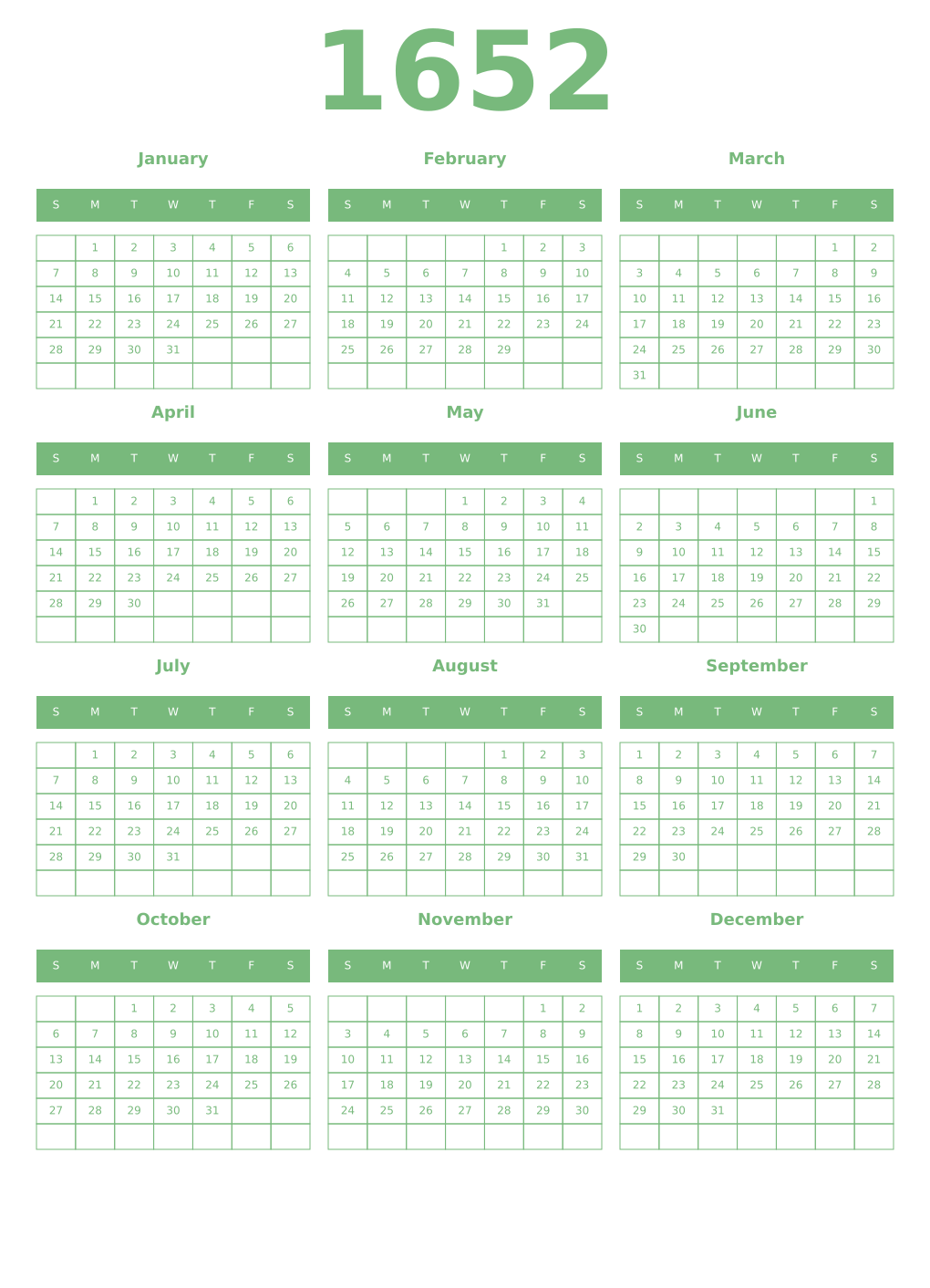 Printable 1652 Year Calendars celadon