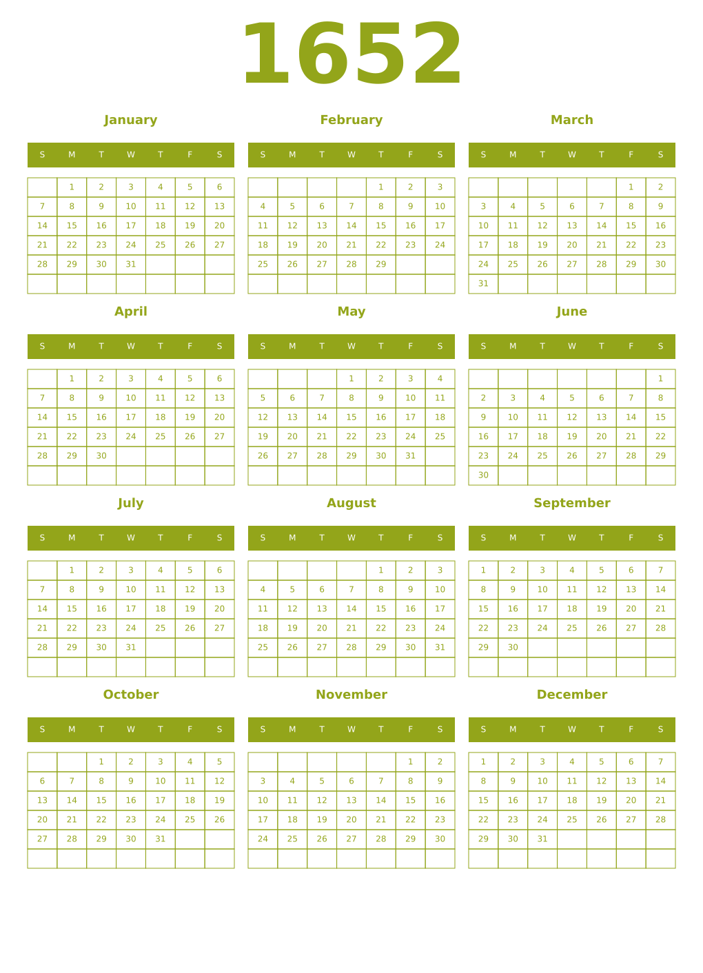 Printable 1652 Year Calendars chartreuse