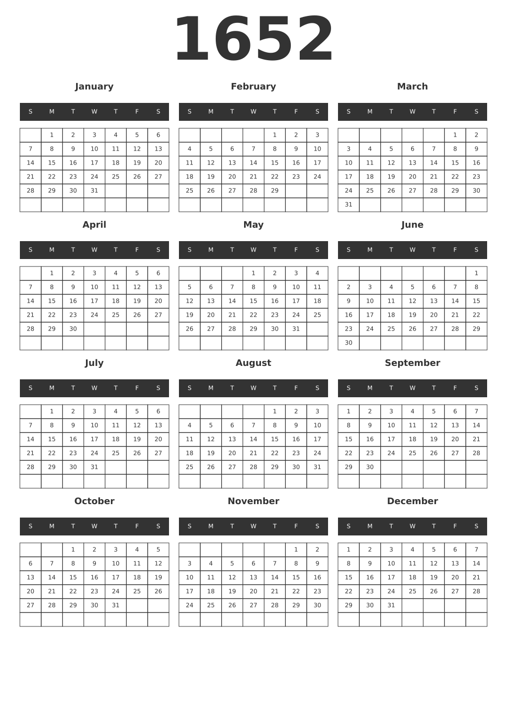 Printable 1652 Year Calendars dark