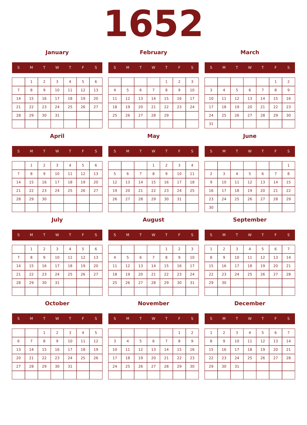 Printable 1652 Year Calendars falu