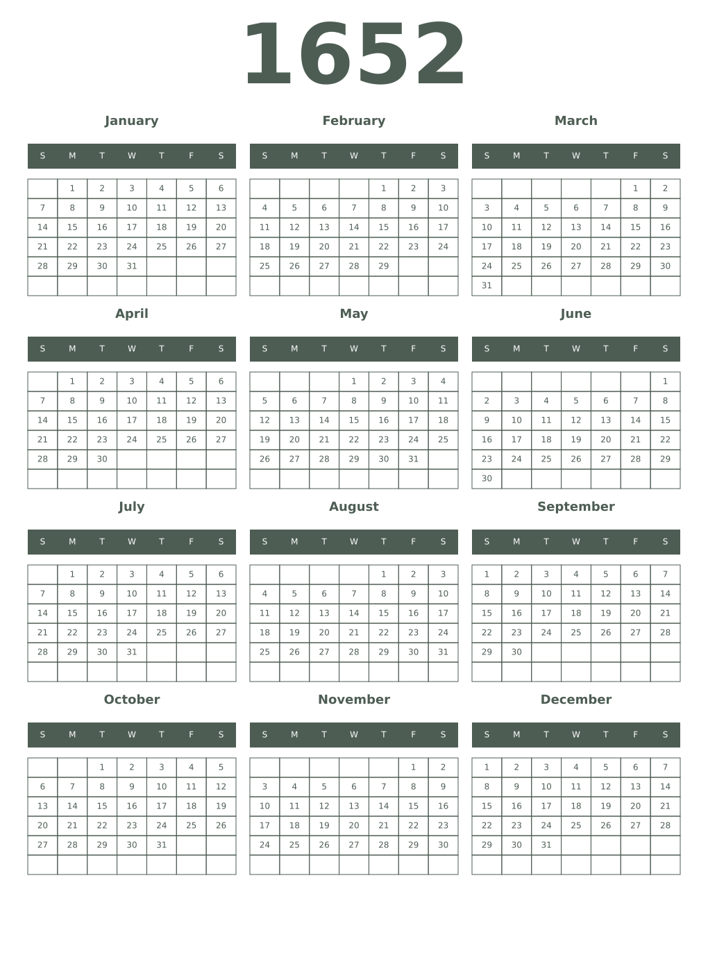 Printable 1652 Year Calendars feldgrau