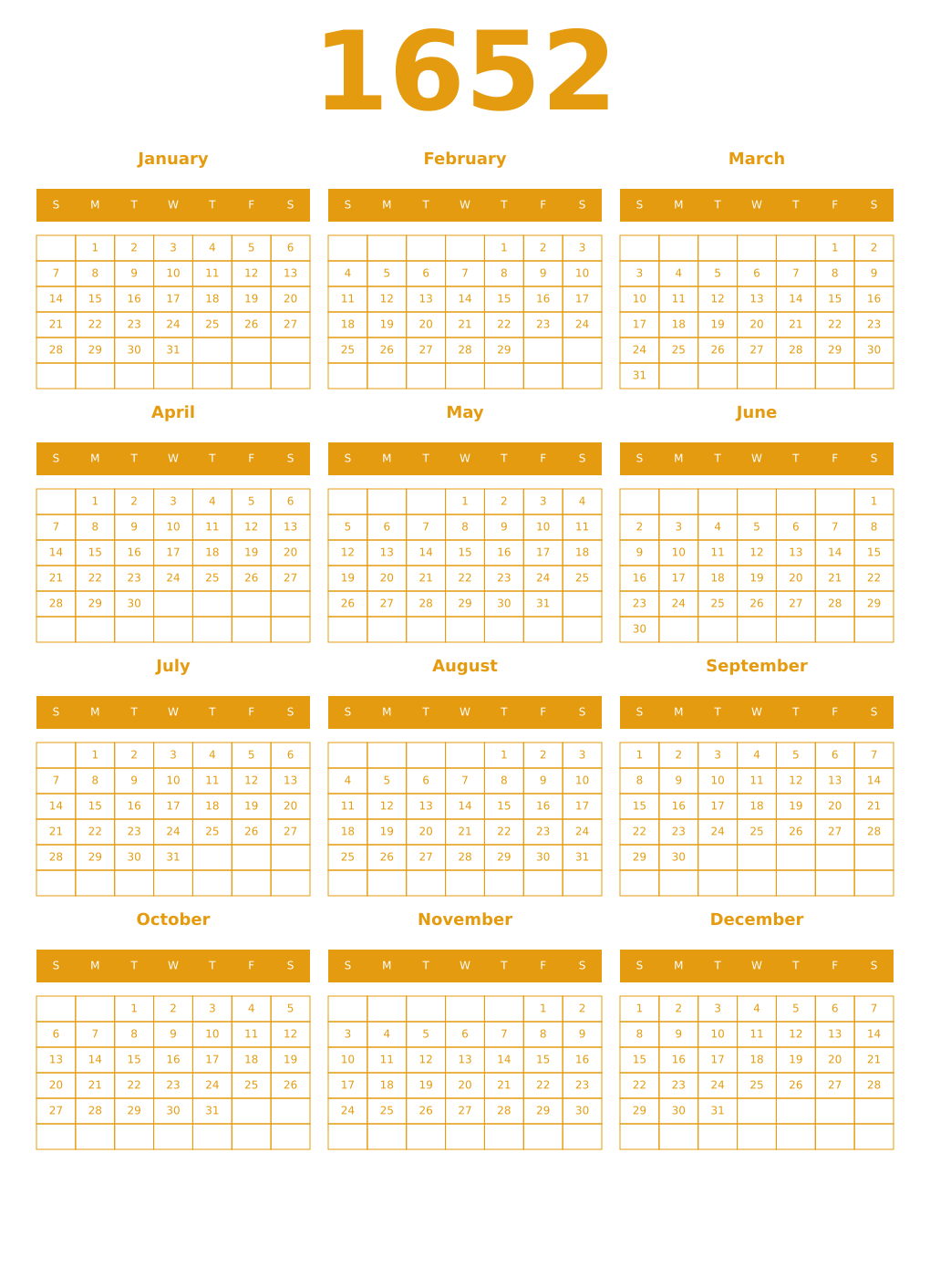 Printable 1652 Year Calendars gamboge