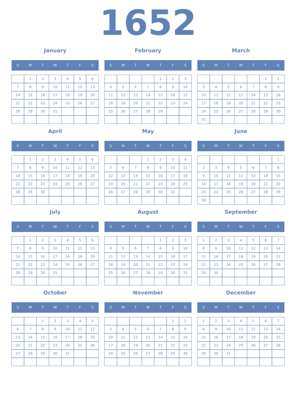 Printable 1652 Year Calendars glaucous