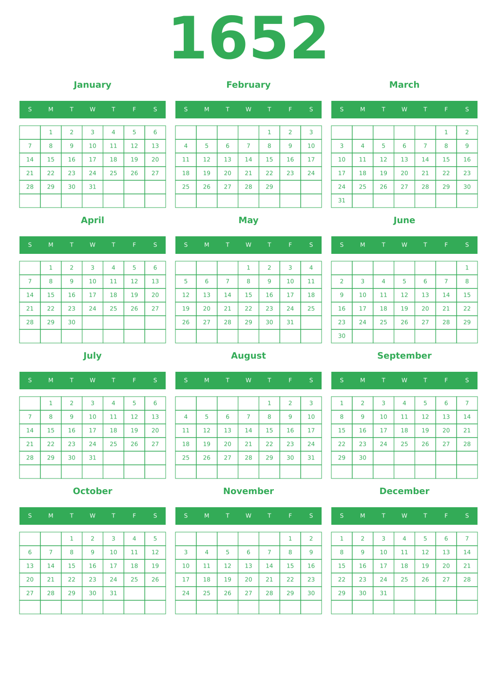 Printable 1652 Year Calendars green