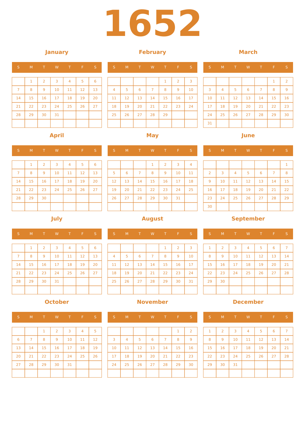 Printable 1652 Year Calendars orange
