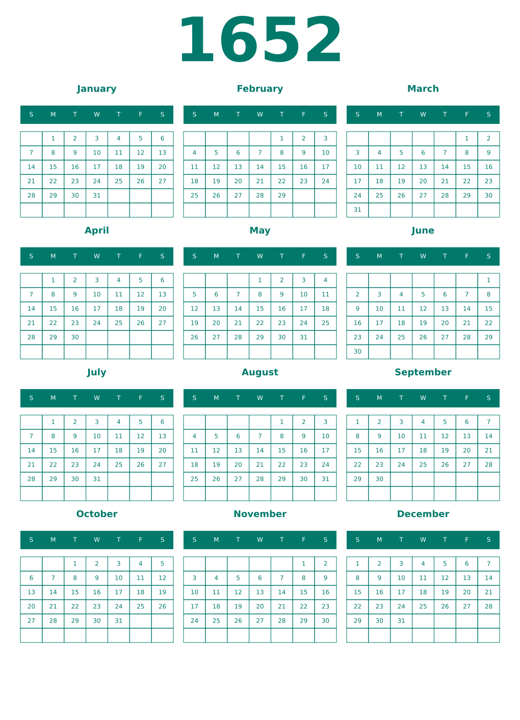 Printable 1652 Year Calendars pastel
