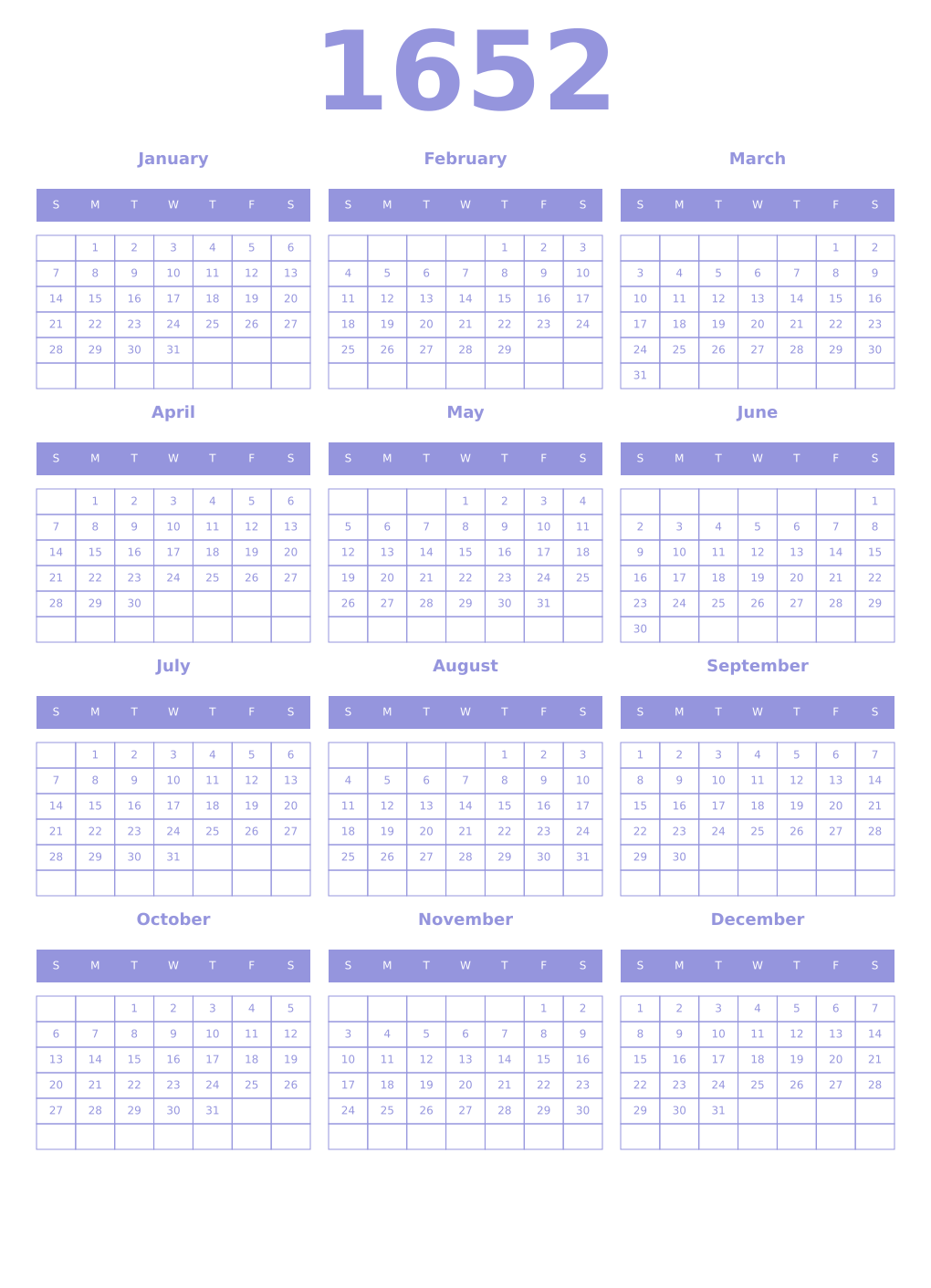 Printable 1652 Year Calendars periwinkle