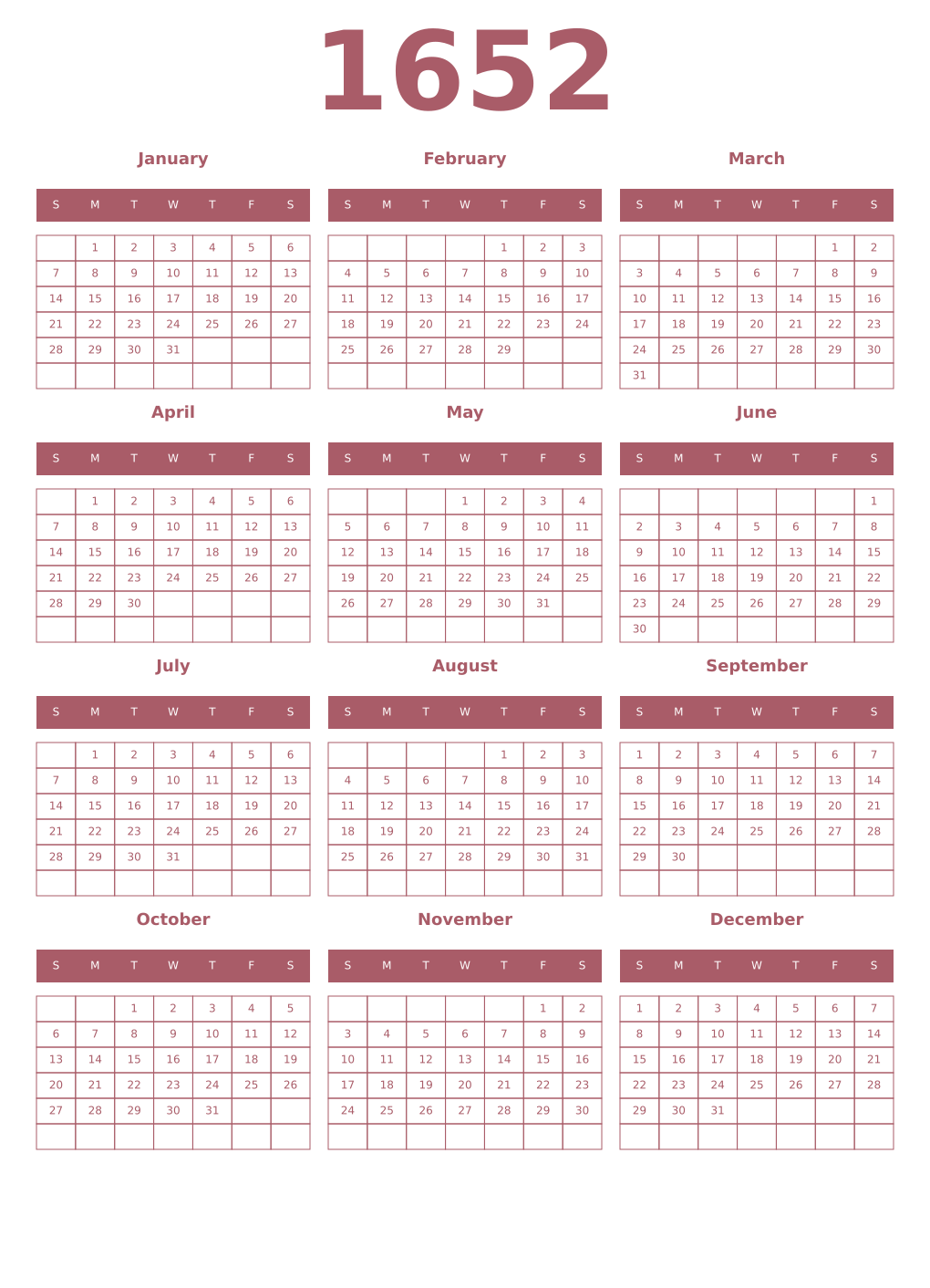 Printable 1652 Year Calendars puce