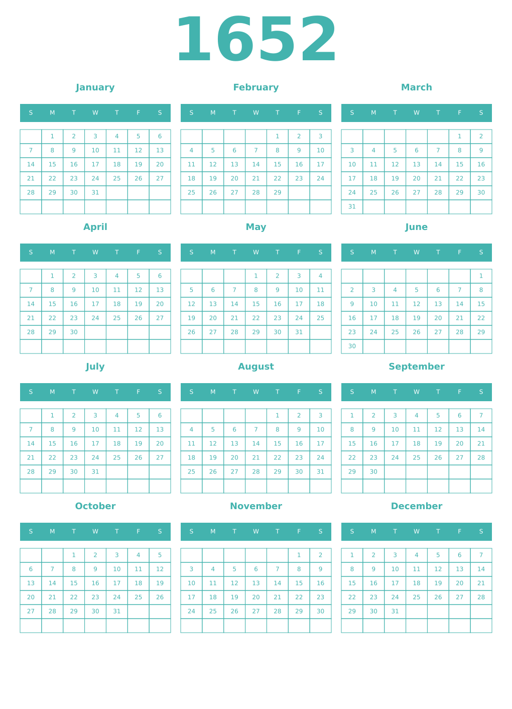 Printable 1652 Year Calendars verdigris