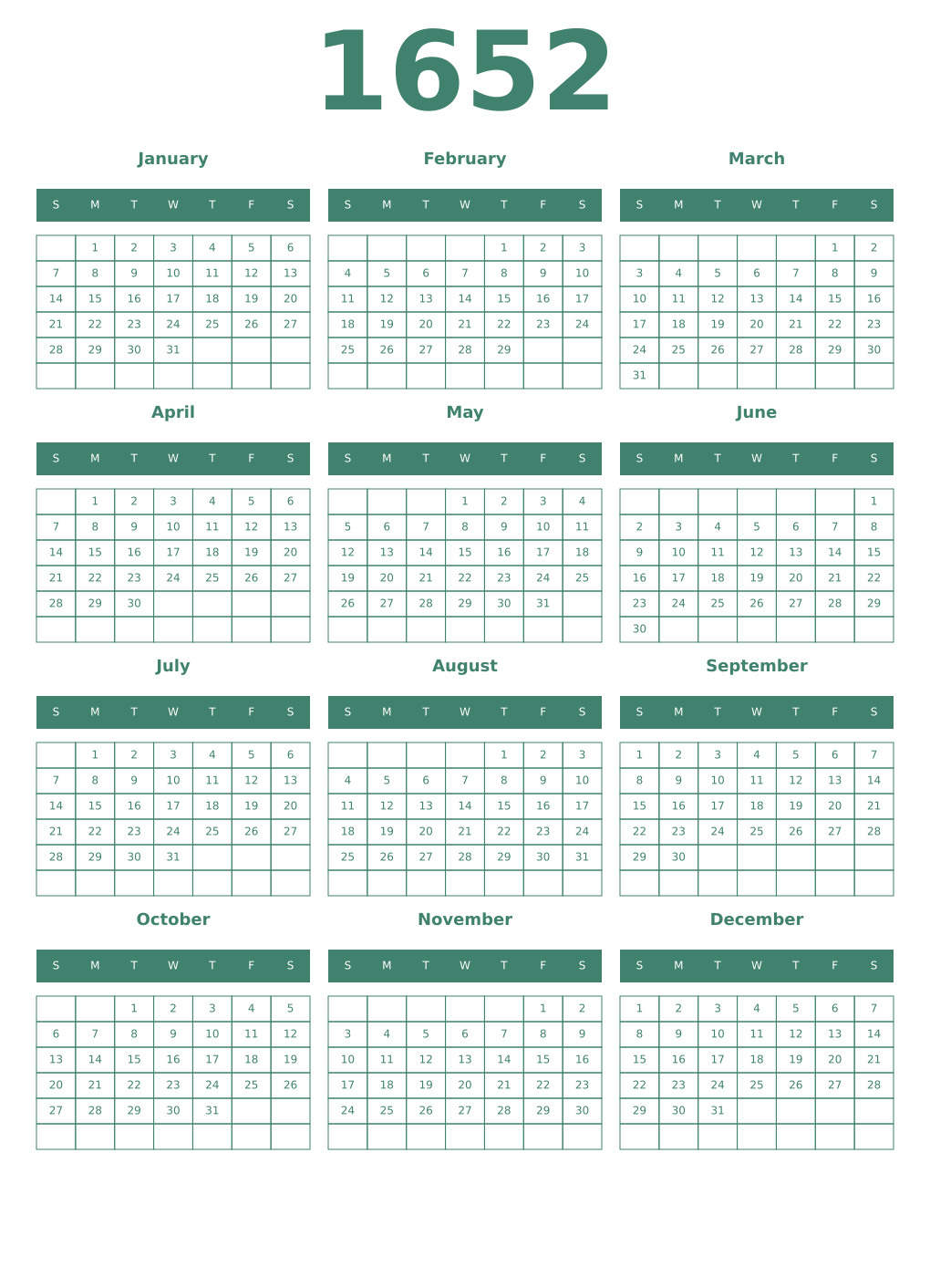 Printable 1652 Year Calendars viridian