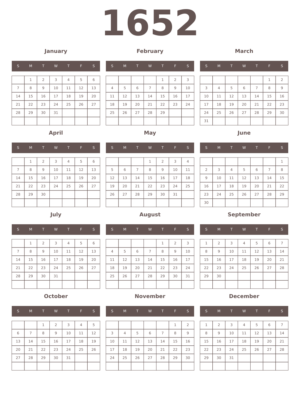 Printable 1652 Year Calendars wenge