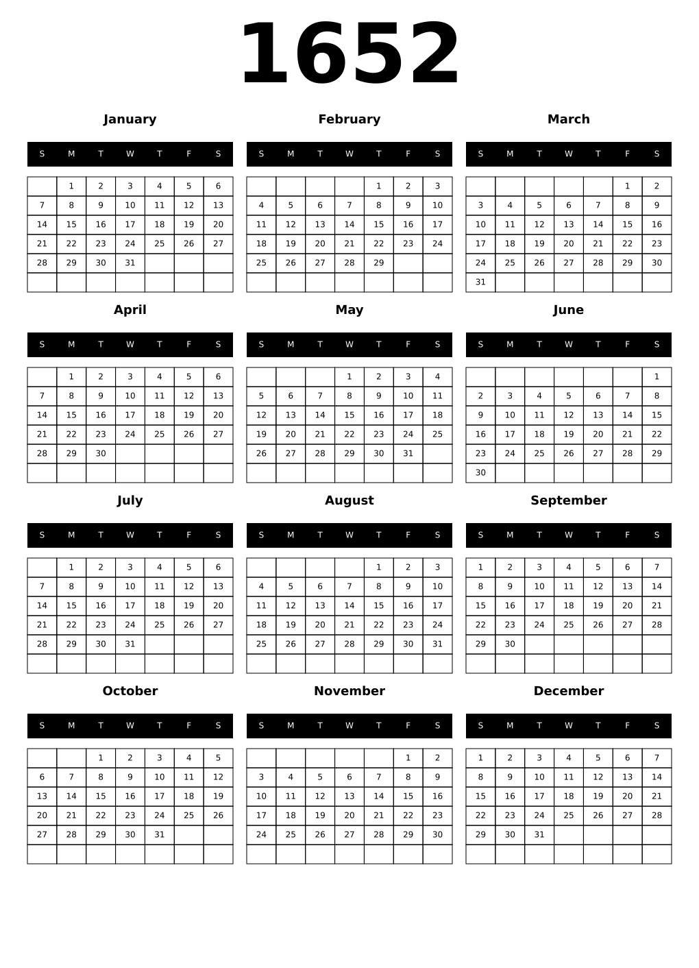 Printable 1652 Calendars