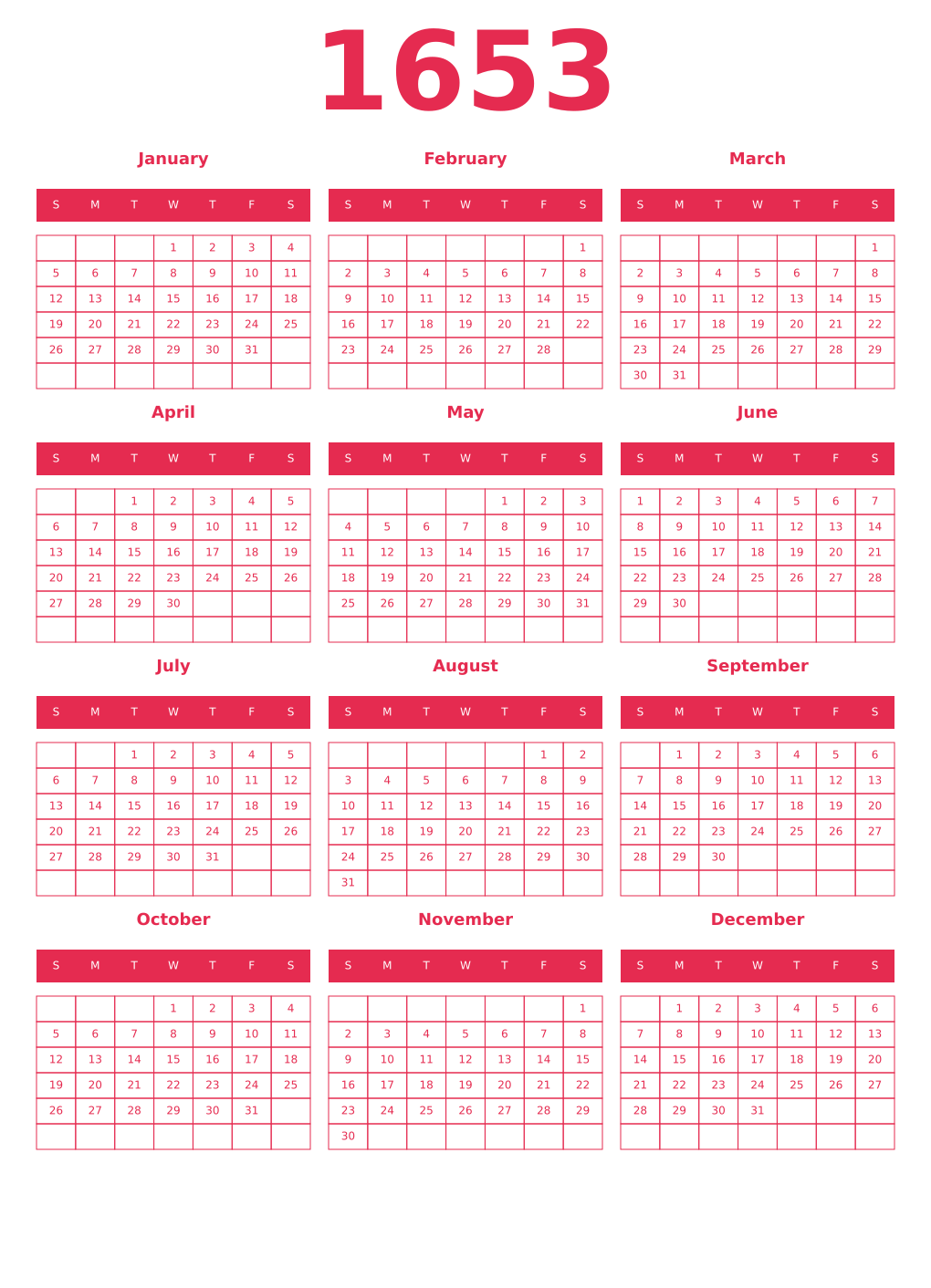 Printable 1653 Year Calendars amaranth