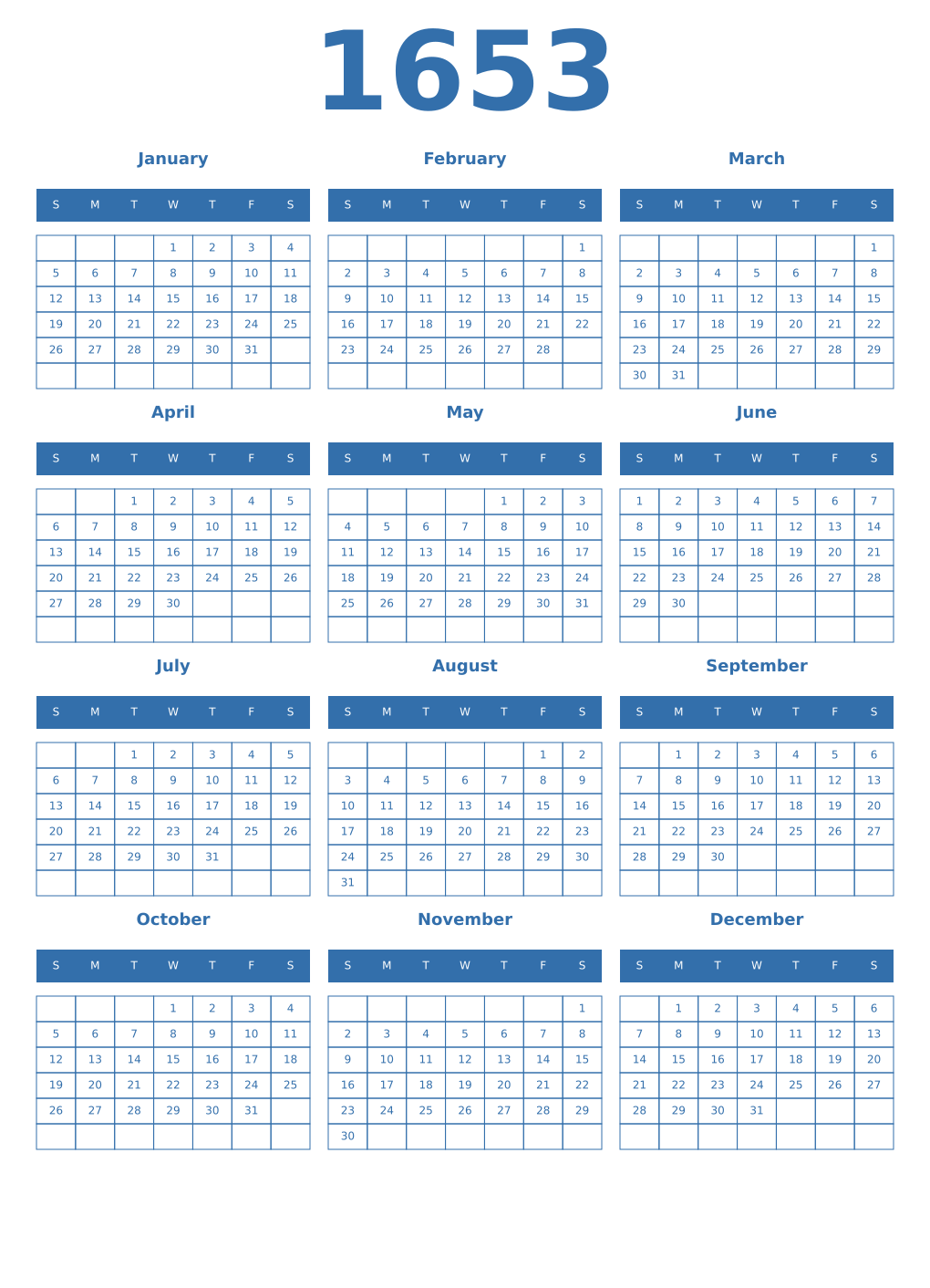 Printable 1653 Year Calendars blue