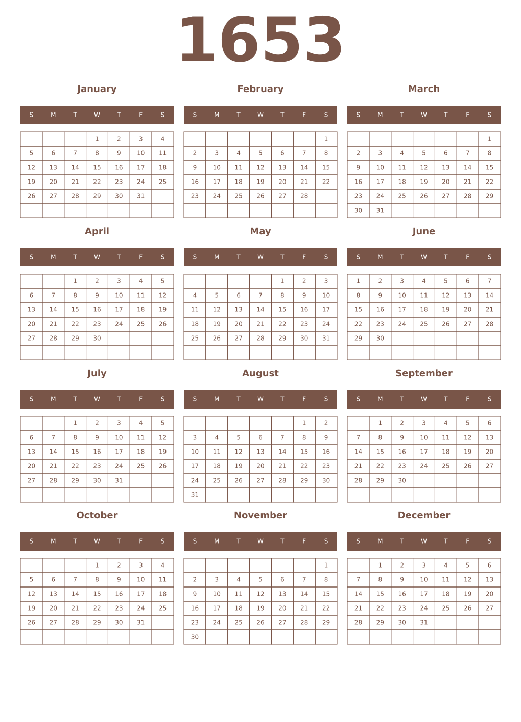 Printable 1653 Year Calendars coffe