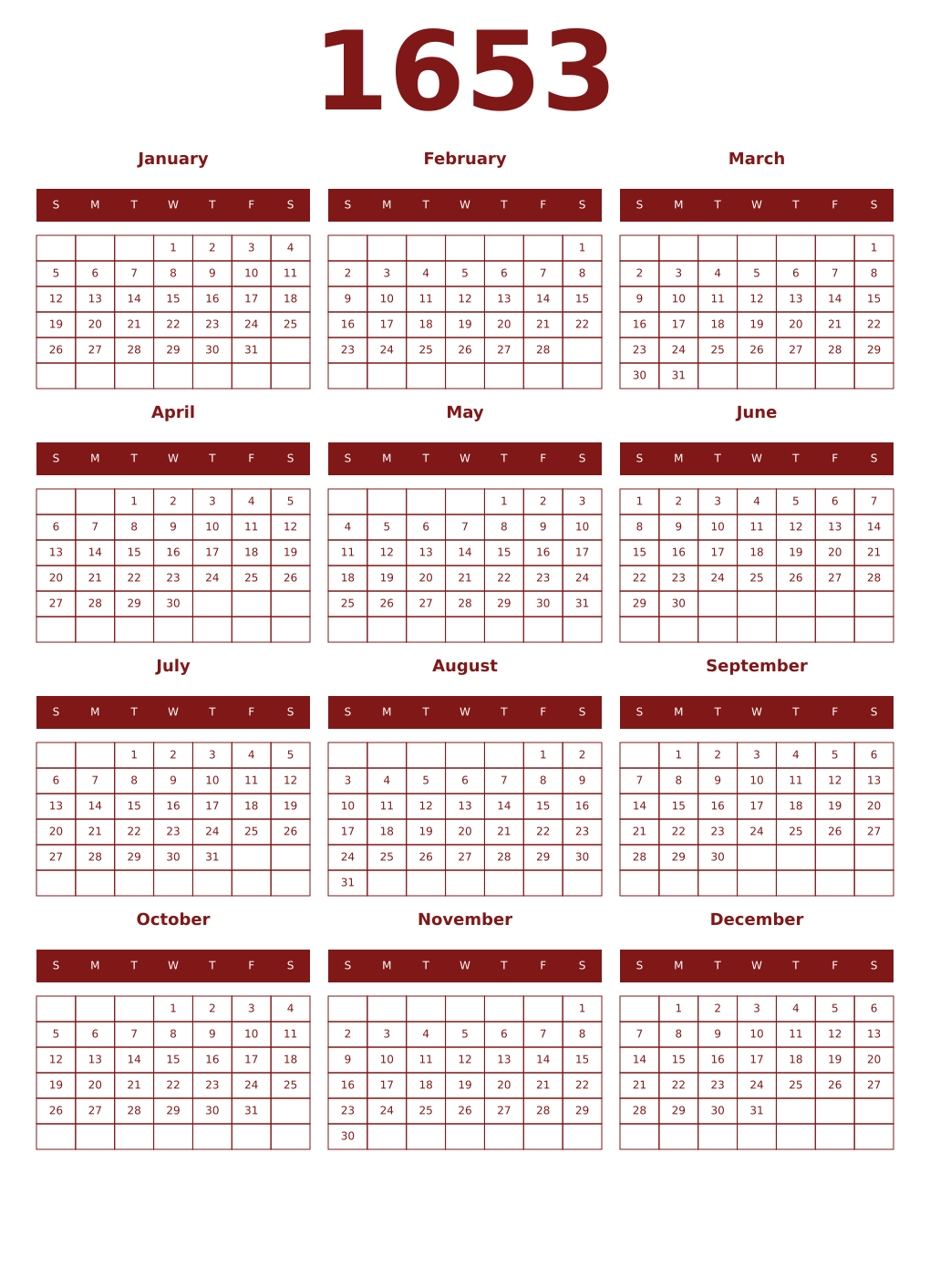 Printable 1653 Year Calendars falu