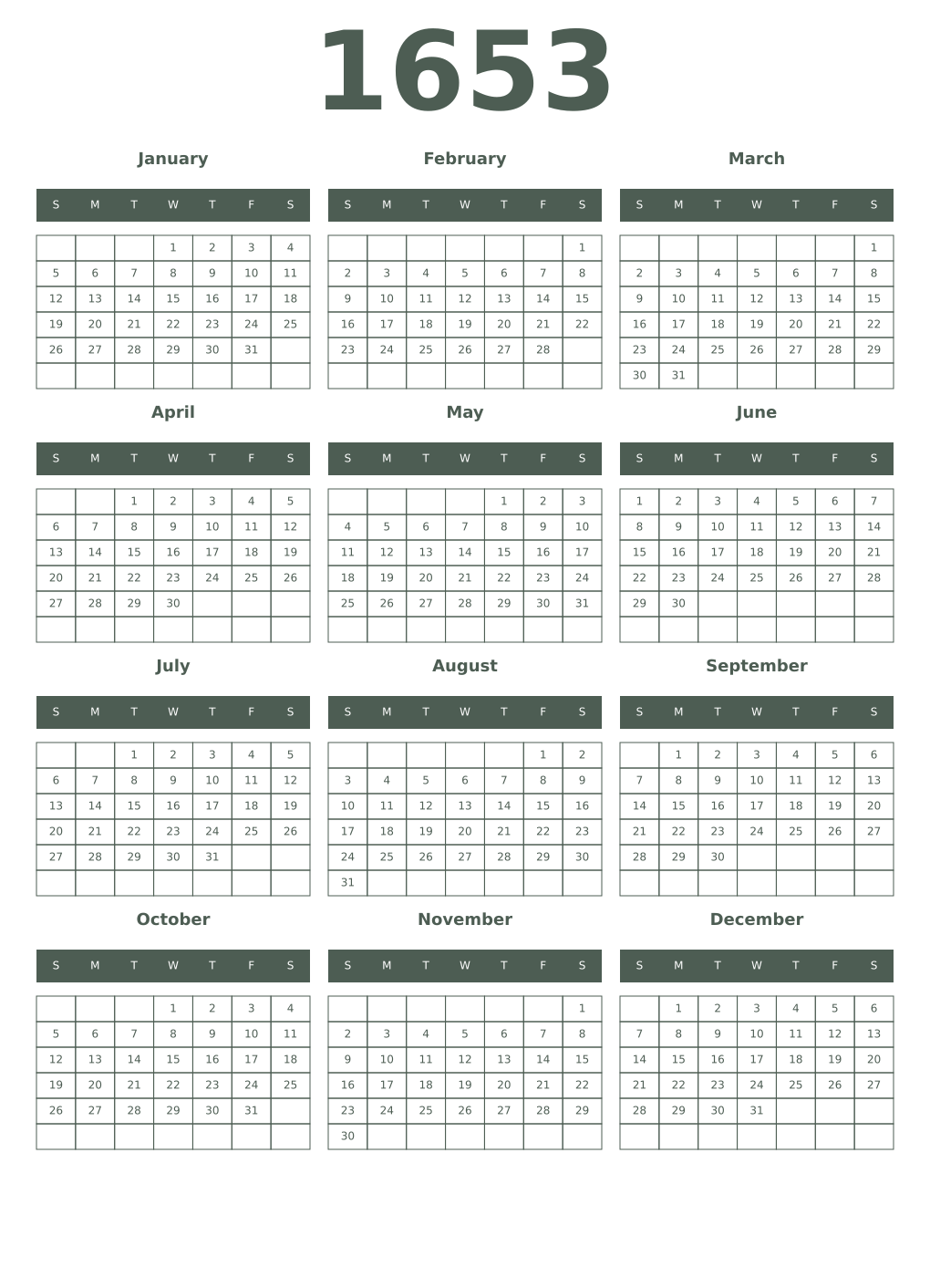Printable 1653 Year Calendars feldgrau
