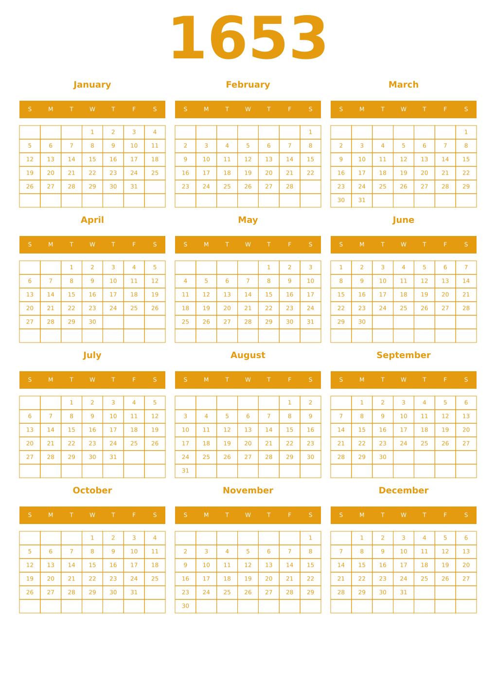 Printable 1653 Year Calendars gamboge