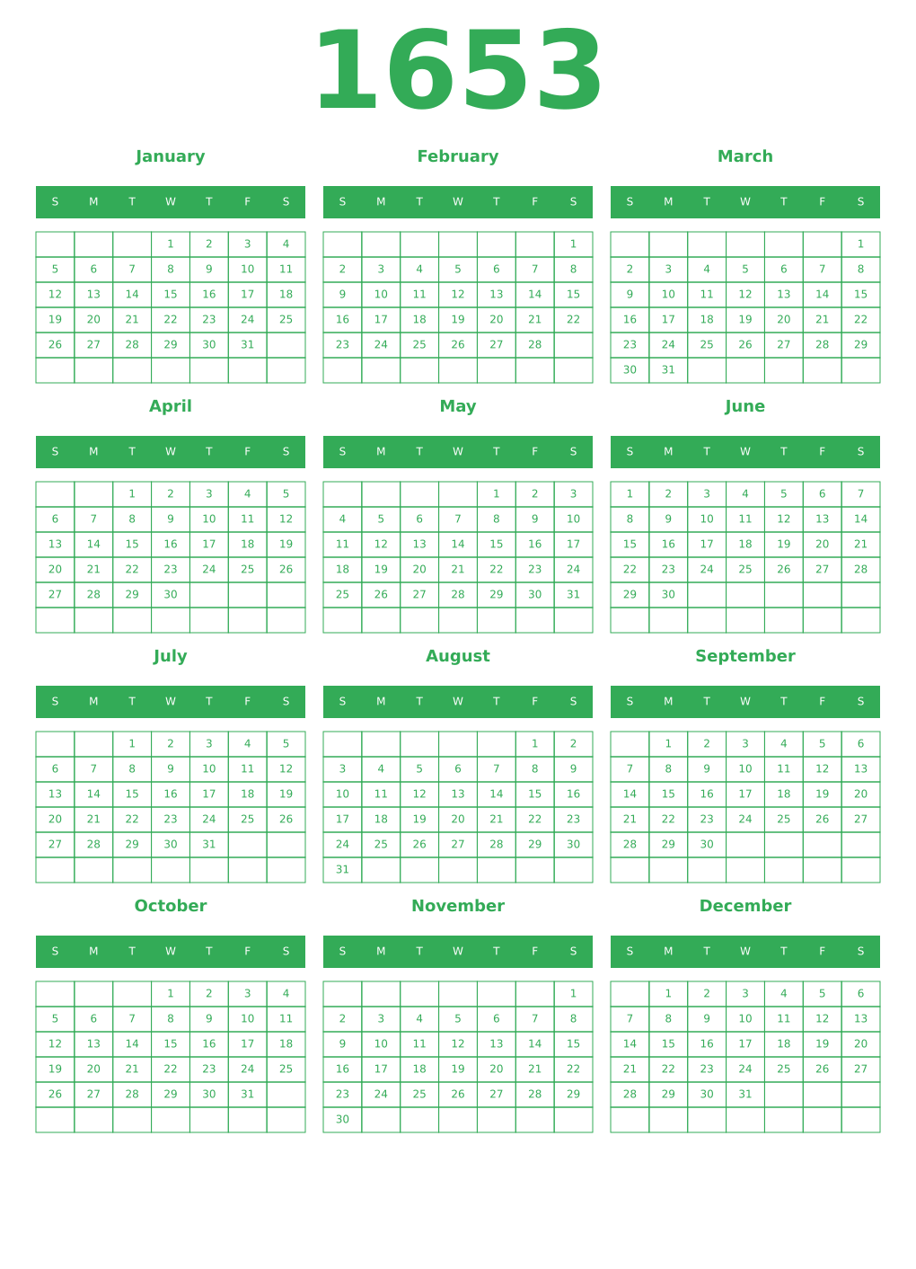 Printable 1653 Year Calendars green