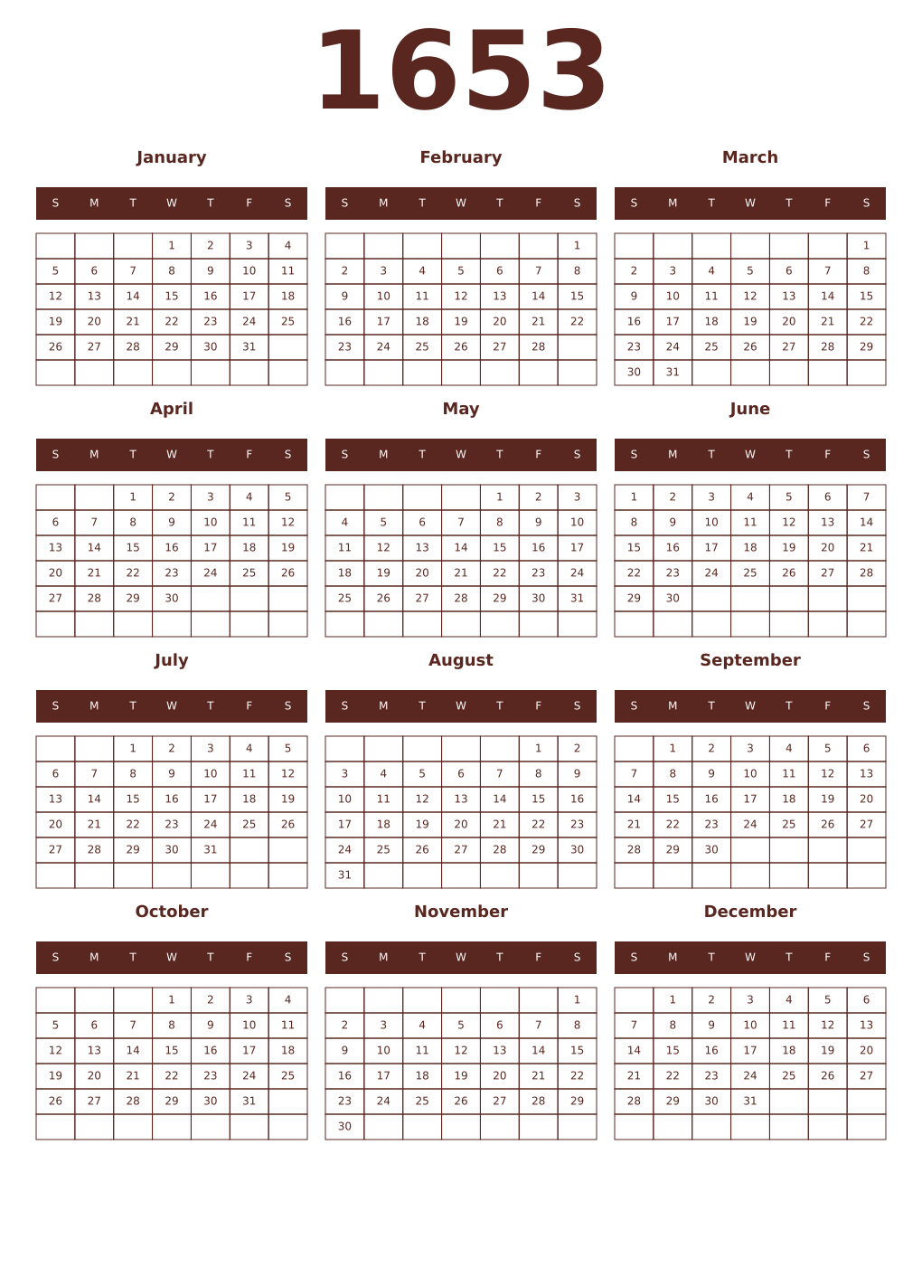 Printable 1653 Year Calendars mortuum