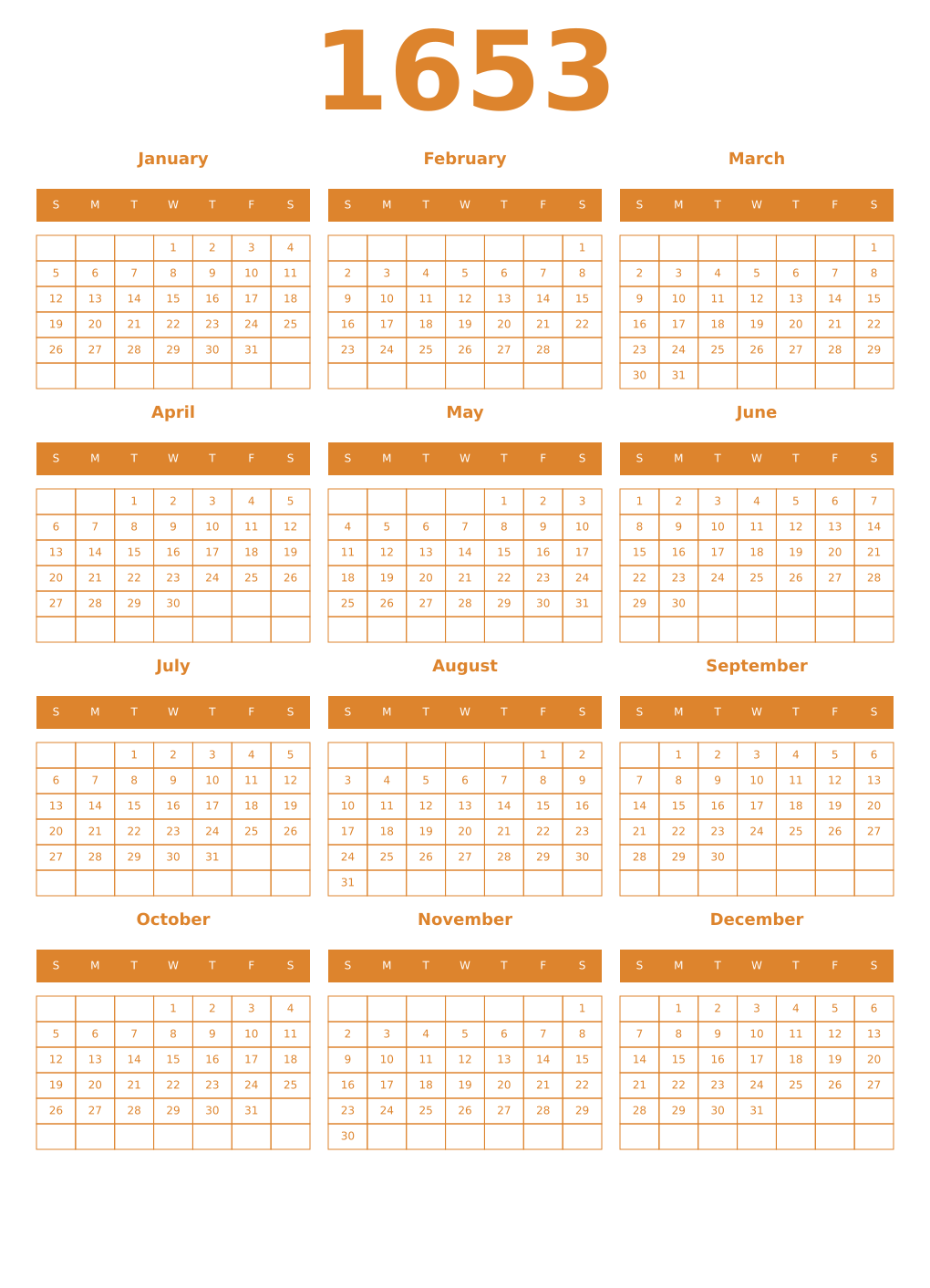 Printable 1653 Year Calendars orange