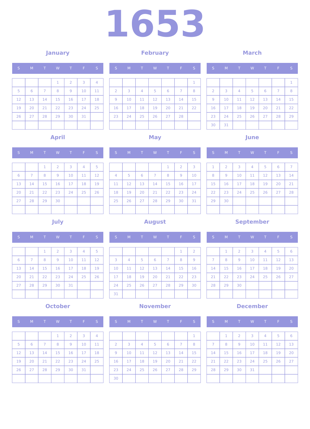 Printable 1653 Year Calendars periwinkle