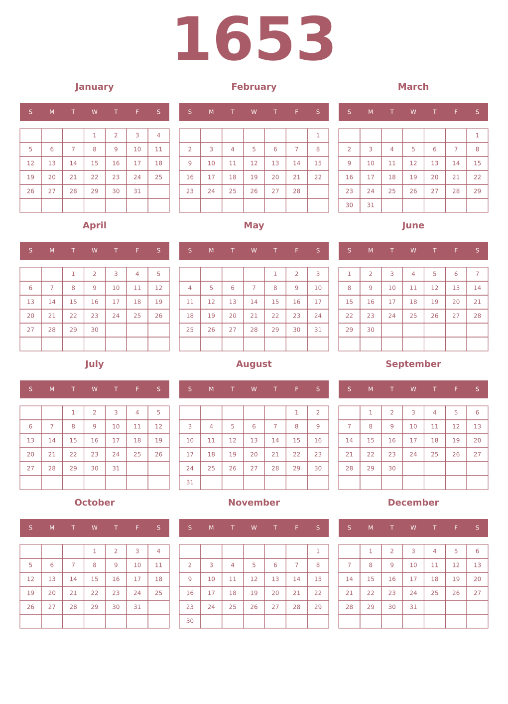 Printable 1653 Year Calendars puce