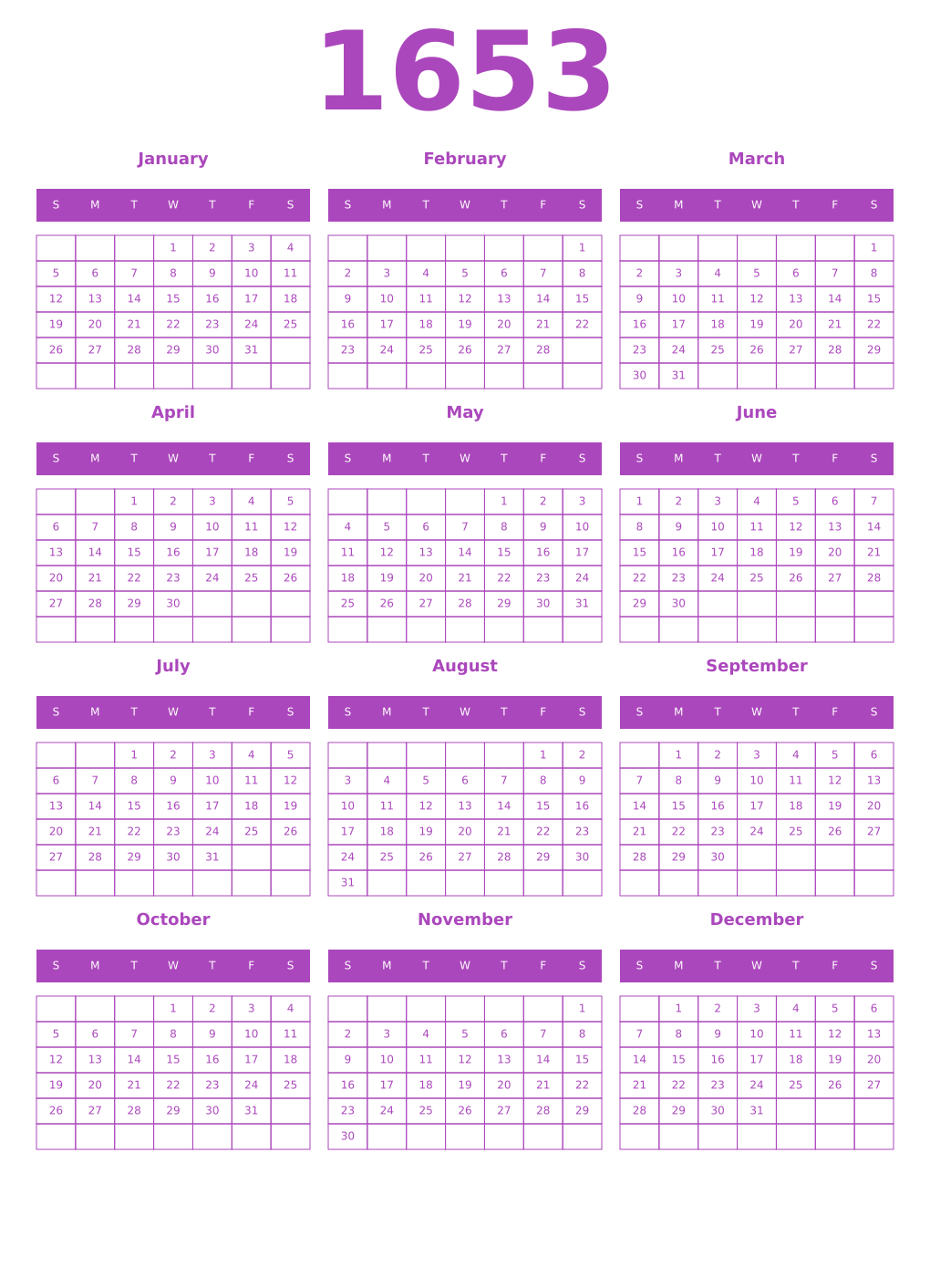 Printable 1653 Year Calendars purple