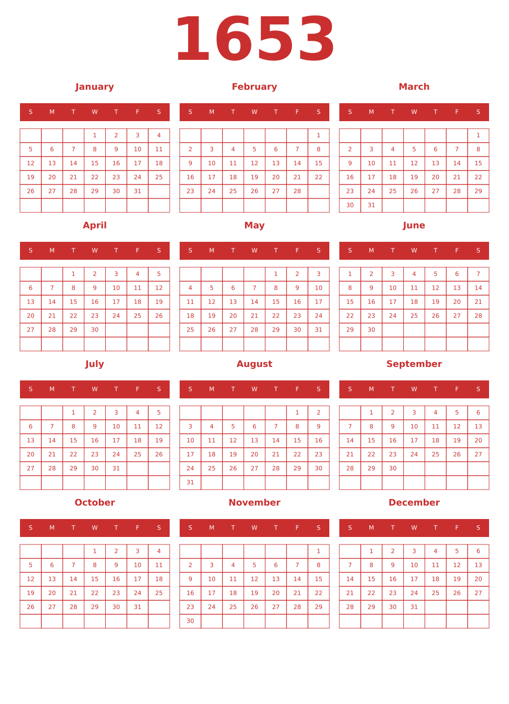 Printable 1653 Year Calendars red