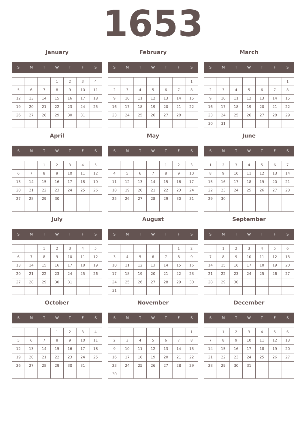 Printable 1653 Year Calendars wenge