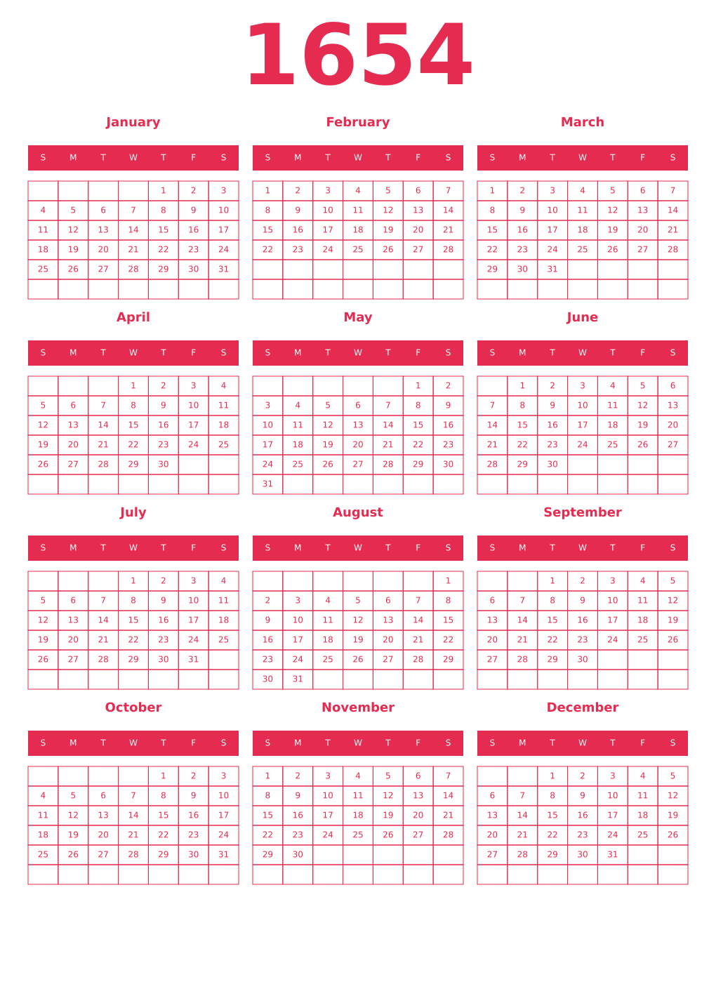 Printable 1654 Year Calendars amaranth