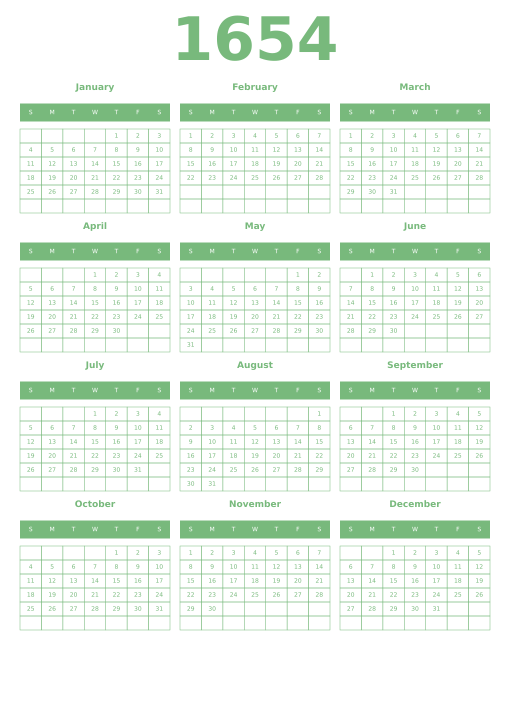 Printable 1654 Year Calendars celadon