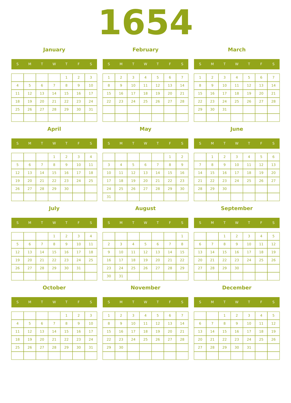 Printable 1654 Year Calendars chartreuse