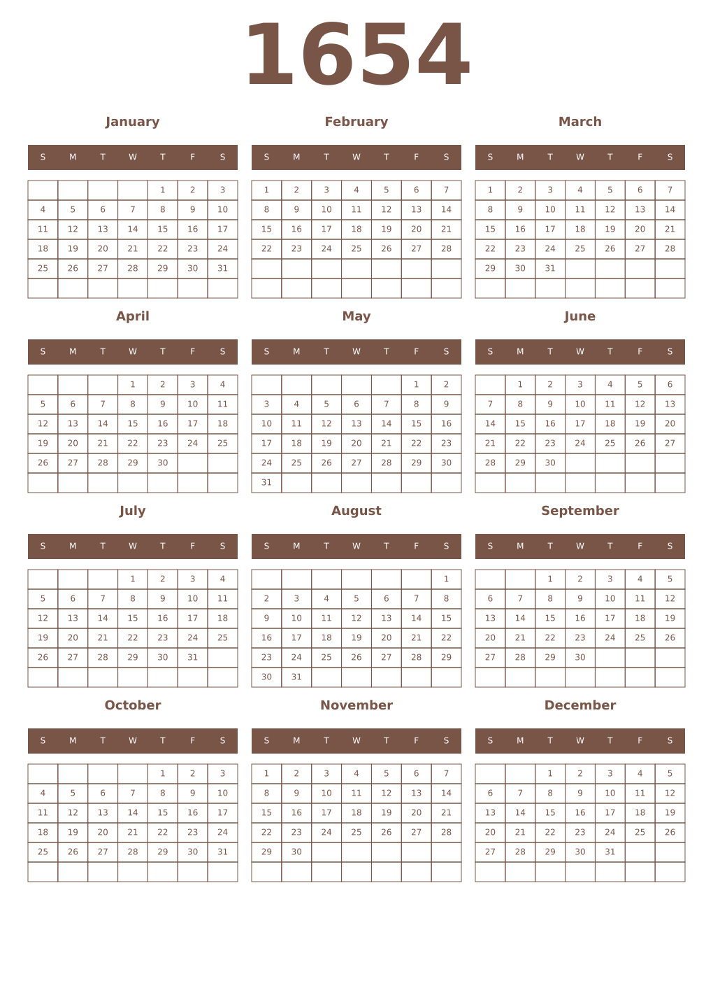 Printable 1654 Year Calendars coffe
