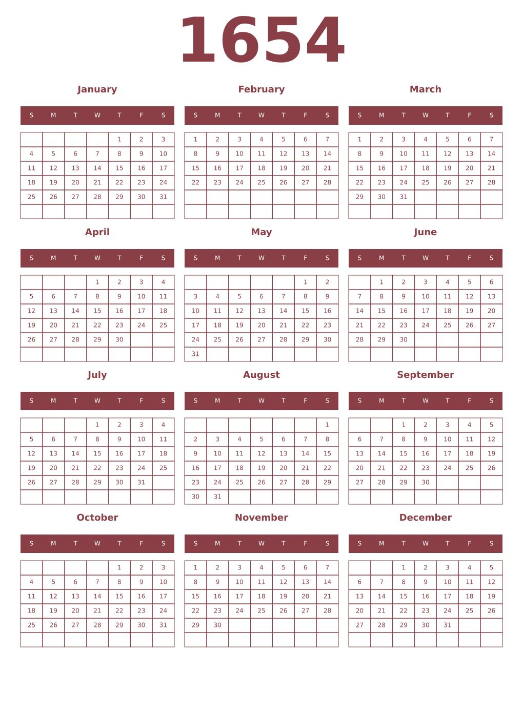Printable 1654 Year Calendars cordovan