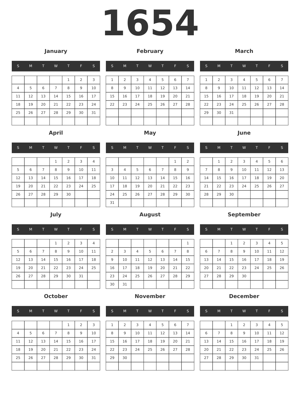 Printable 1654 Year Calendars dark