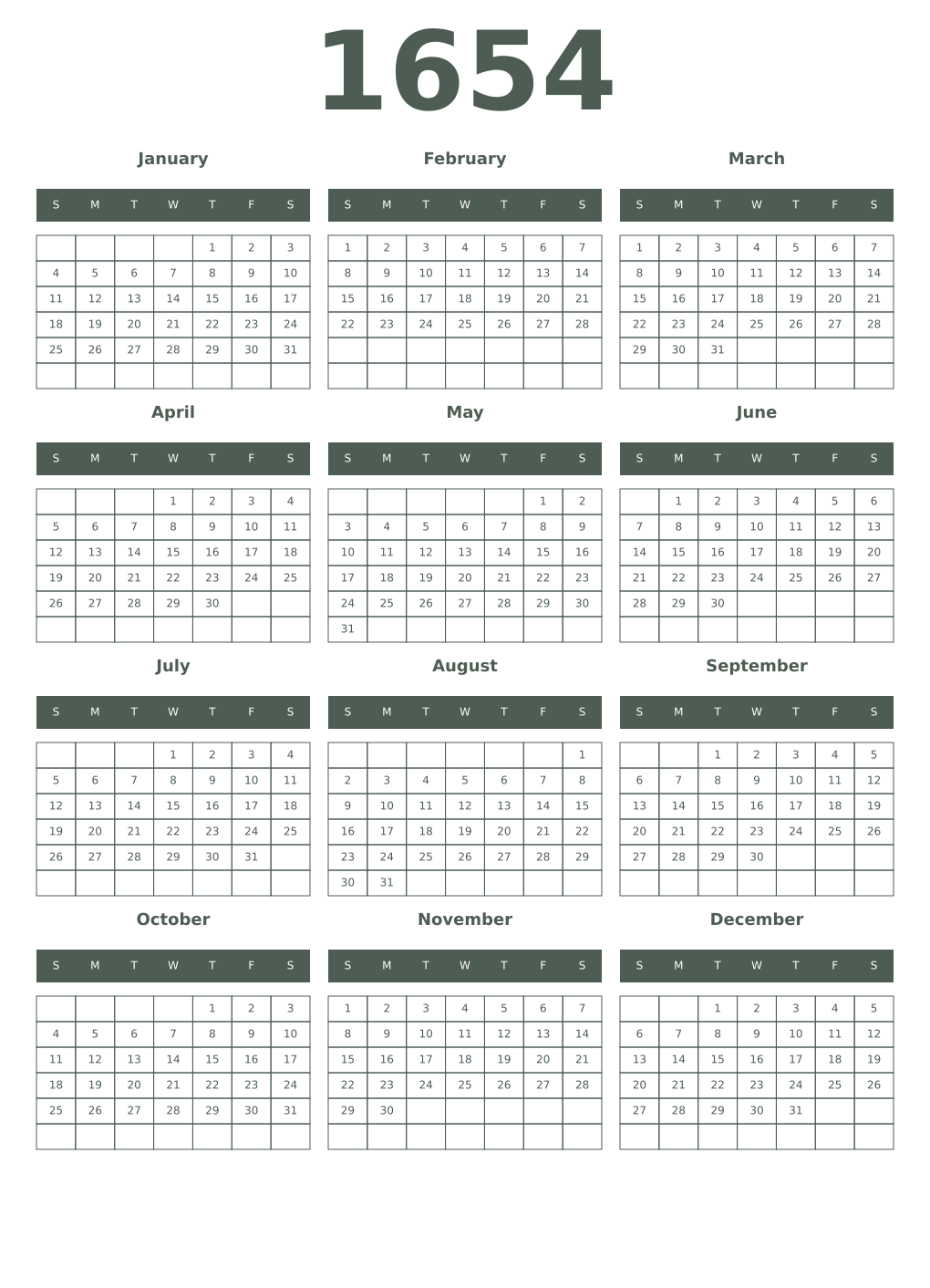 Printable 1654 Year Calendars feldgrau