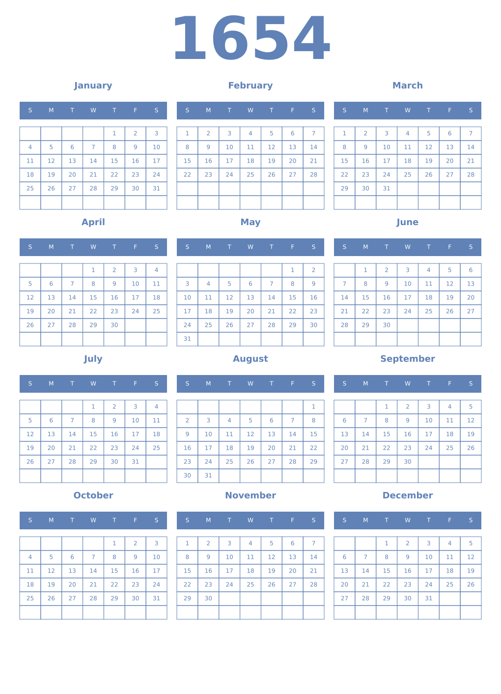 Printable 1654 Year Calendars glaucous