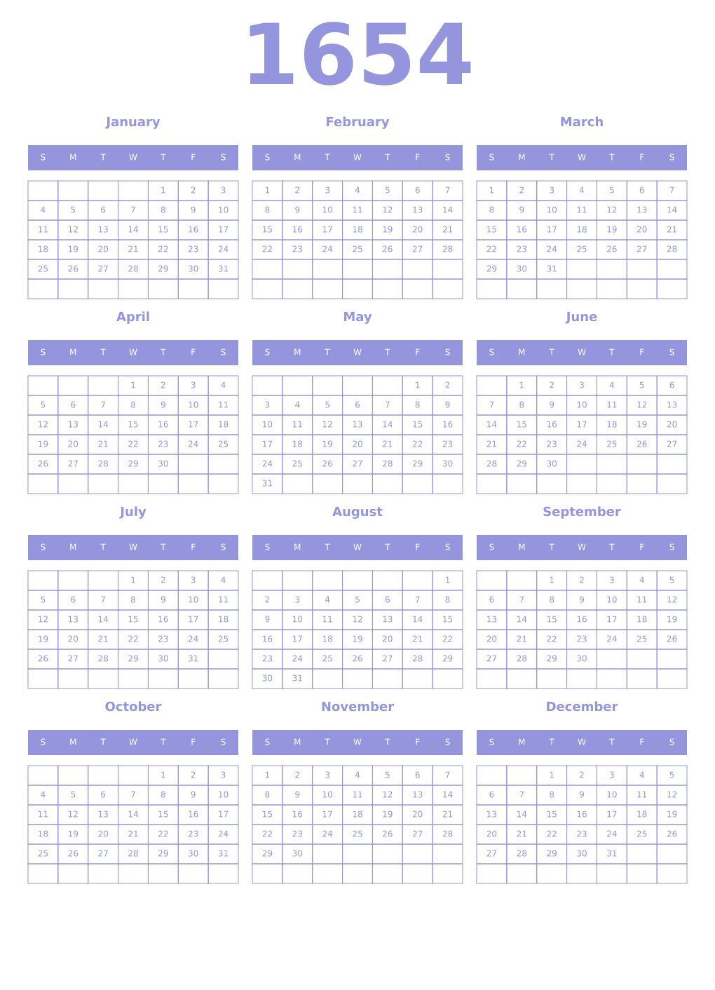 Printable 1654 Year Calendars periwinkle