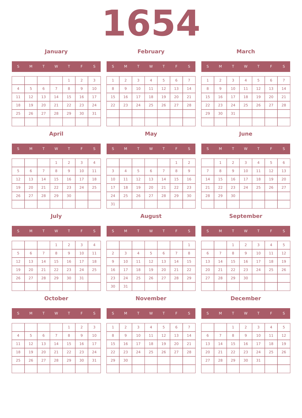 Printable 1654 Year Calendars puce