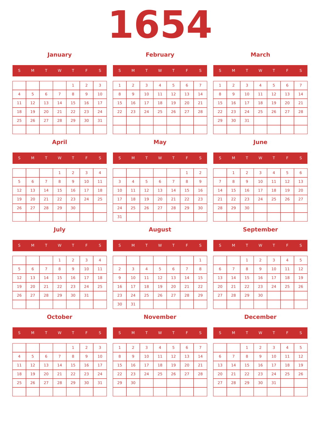 Printable 1654 Year Calendars red
